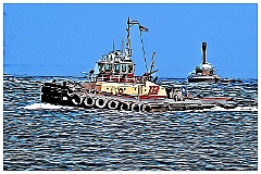 Tugboat Passes By Deer Island Lighthouse -Digital Painting